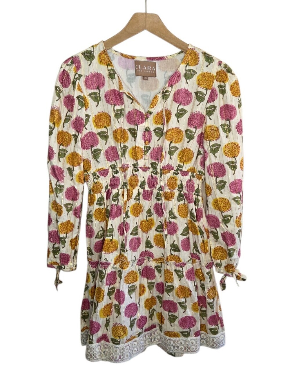 Clara The Label Pink & Golden Yellow Floral Block Print V-neck Dress Size XS
